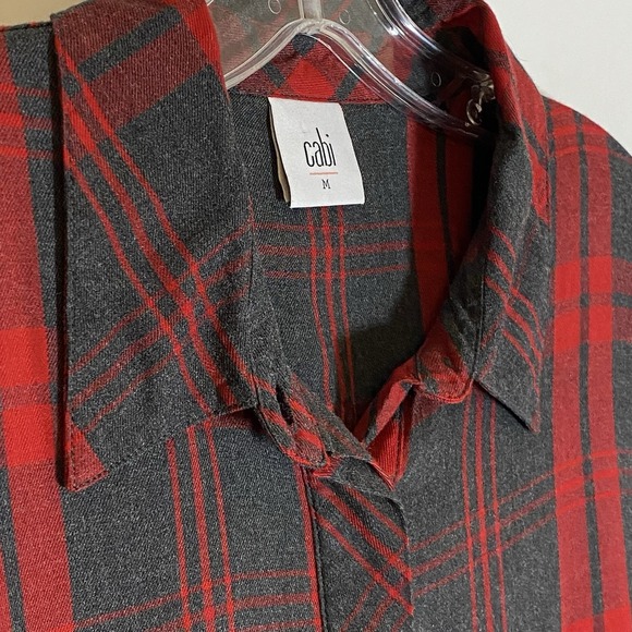 Cabi Top Womens Medium Red Black Plaid 1/2 Button Up Blouse Hi Low Festive Boho - Picture 10 of 16